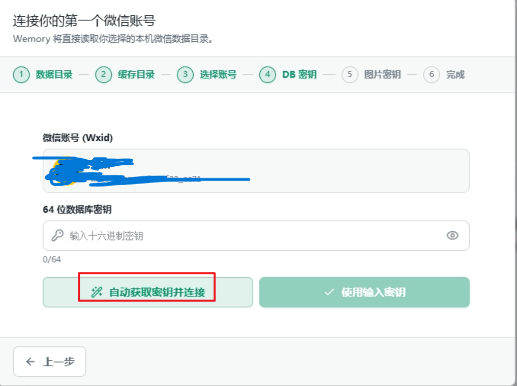 Wemory 首次连接向导中的账号连接界面